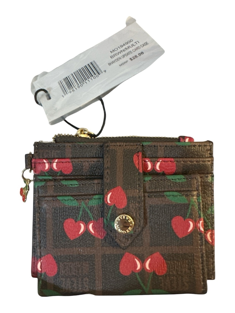 NWT Steve Madden Brown Cherry Print Card Case Wallet zip pocket gold acc new